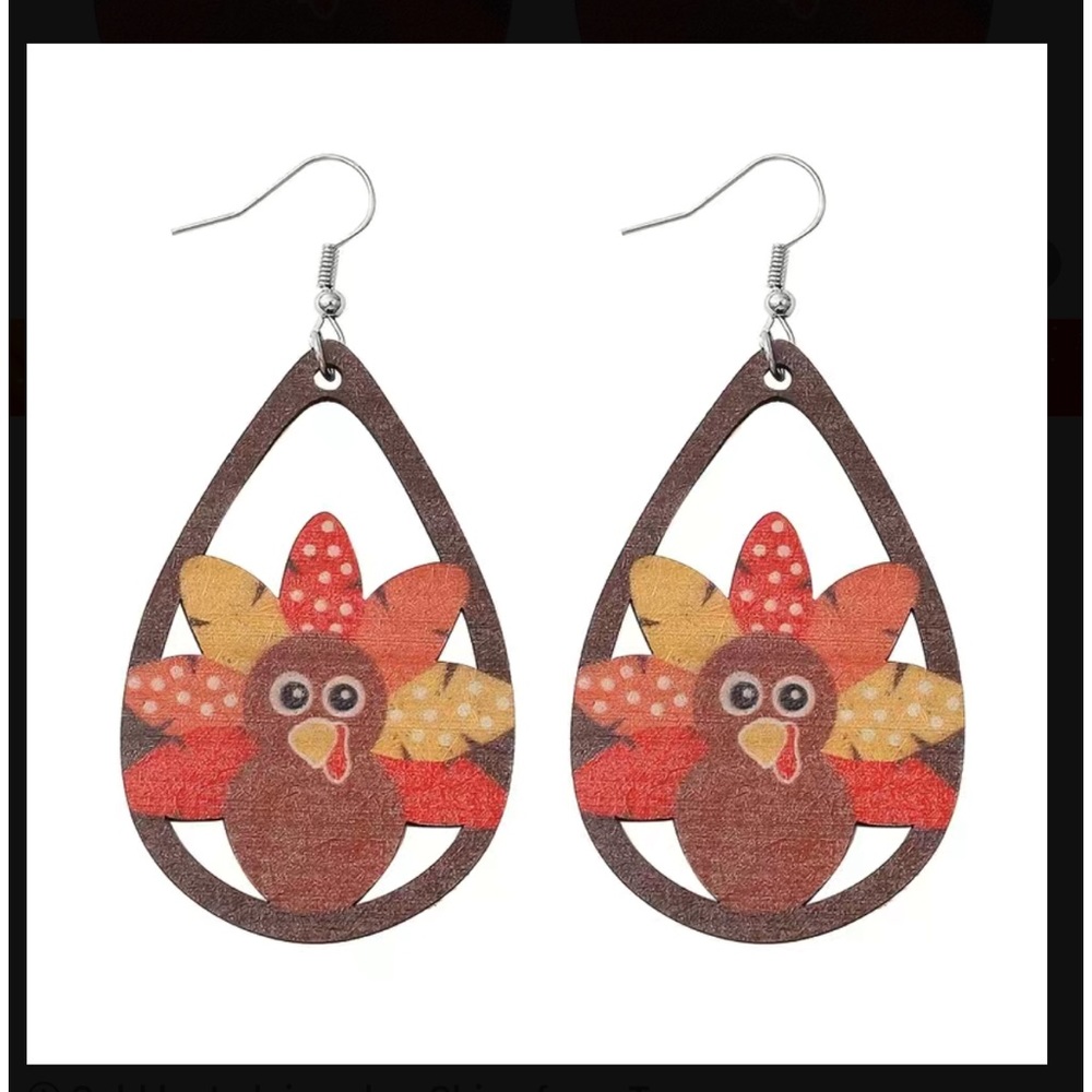 Cartoon Style Turkey Thanksgiving Wooden Drop Earrings